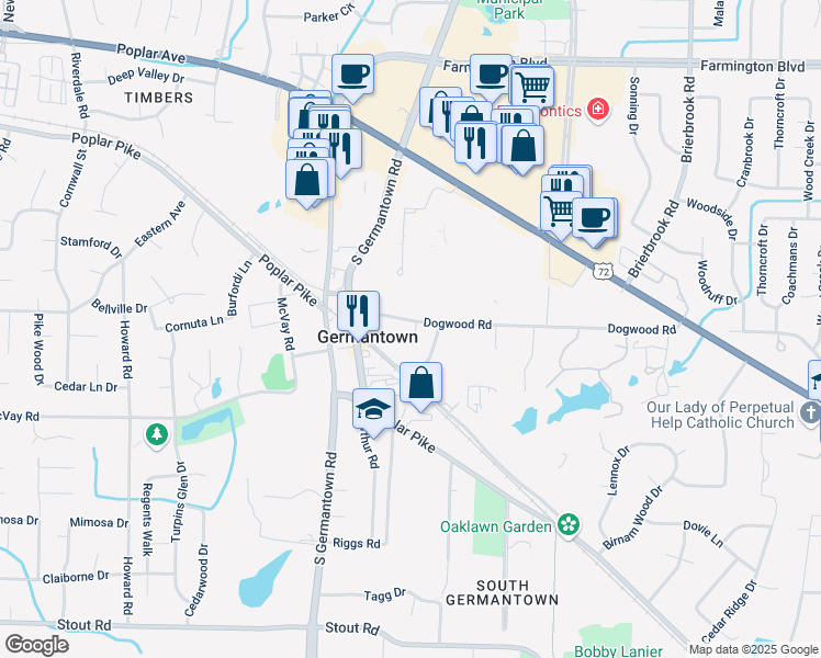 map of restaurants, bars, coffee shops, grocery stores, and more near 2280 Dogwood Crest Cove in Germantown