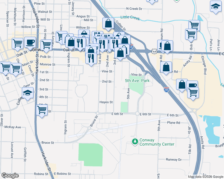 map of restaurants, bars, coffee shops, grocery stores, and more near 510 3rd Avenue in Conway