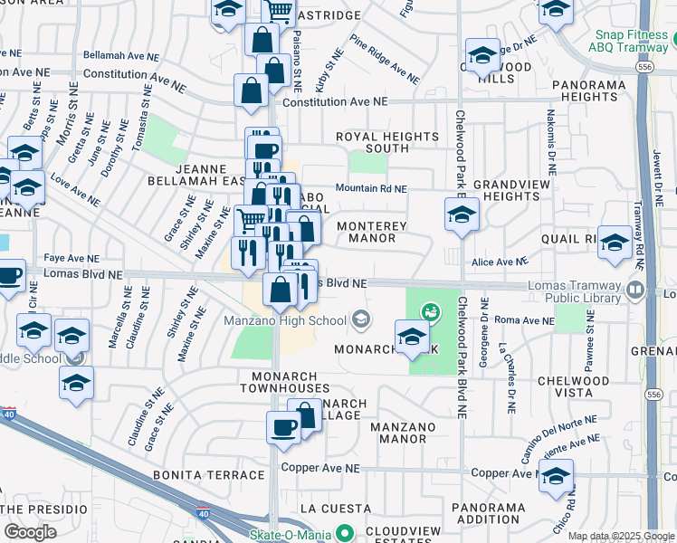 map of restaurants, bars, coffee shops, grocery stores, and more near 12201 Lomas Boulevard Northeast in Albuquerque