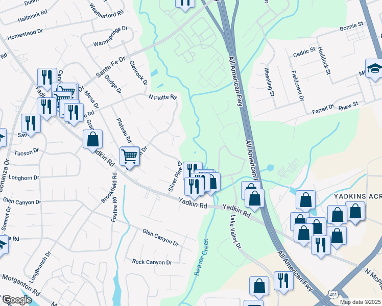 map of restaurants, bars, coffee shops, grocery stores, and more near 5115 Lake Valley Drive in Fayetteville