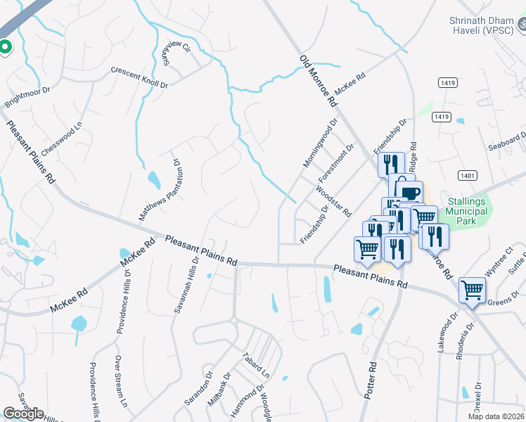 map of restaurants, bars, coffee shops, grocery stores, and more near 5108 Morningwood Drive in Matthews