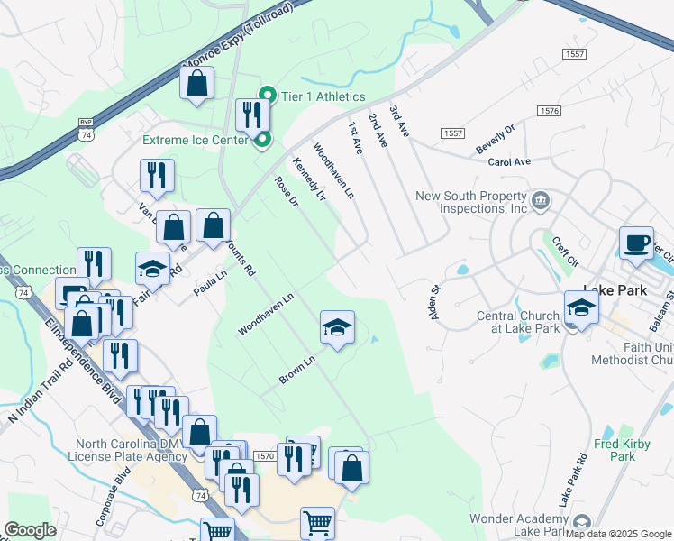 map of restaurants, bars, coffee shops, grocery stores, and more near 6811 Rose Drive in Indian Trail