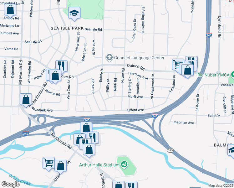 map of restaurants, bars, coffee shops, grocery stores, and more near 1634 Rabb Road in Memphis