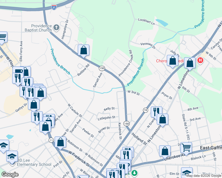 map of restaurants, bars, coffee shops, grocery stores, and more near 501 Providence Road in Gaffney