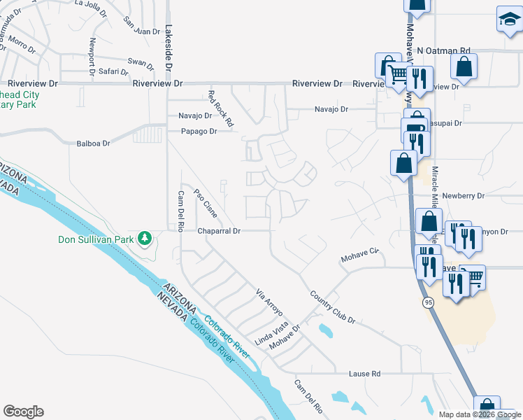 map of restaurants, bars, coffee shops, grocery stores, and more near 1138 Misty Willow Lane in Bullhead City