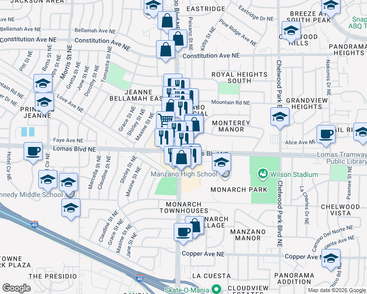 map of restaurants, bars, coffee shops, grocery stores, and more near in Albuquerque