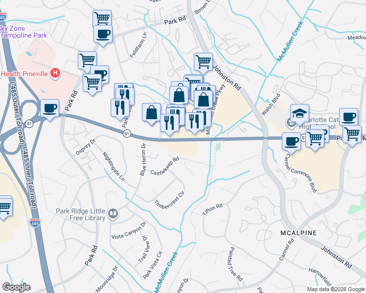map of restaurants, bars, coffee shops, grocery stores, and more near 8405 Pineville-Matthews Road in Charlotte