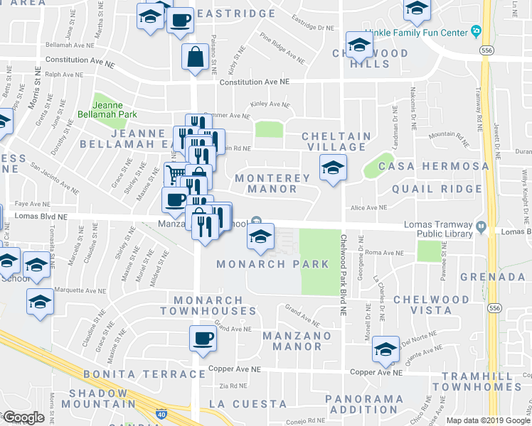 map of restaurants, bars, coffee shops, grocery stores, and more near in Albuquerque