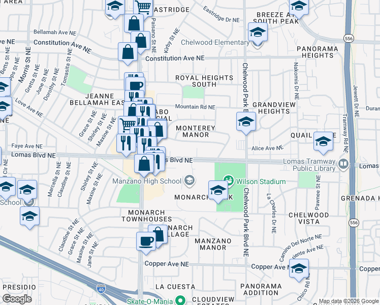map of restaurants, bars, coffee shops, grocery stores, and more near in Albuquerque