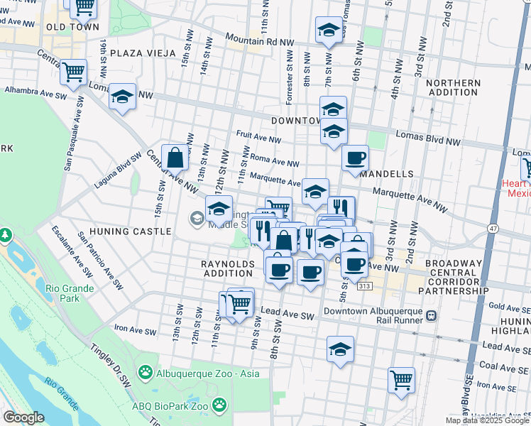 map of restaurants, bars, coffee shops, grocery stores, and more near 903 Copper Avenue Northwest in Albuquerque