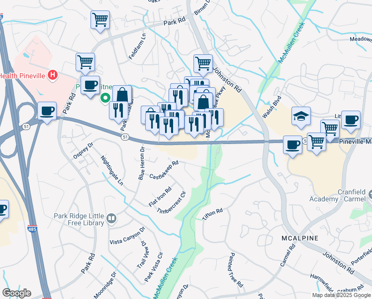 map of restaurants, bars, coffee shops, grocery stores, and more near 8332 Castlekeep Road in Charlotte
