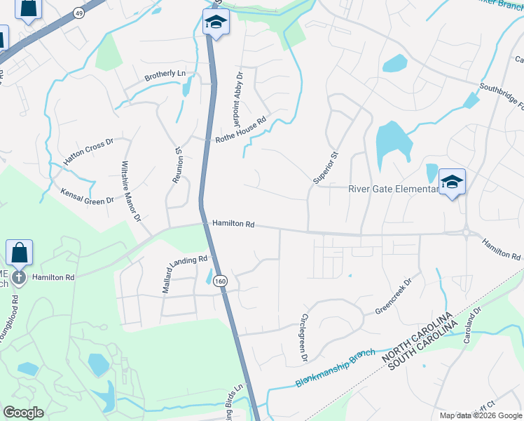 map of restaurants, bars, coffee shops, grocery stores, and more near 12945 Hamilton Road in Charlotte