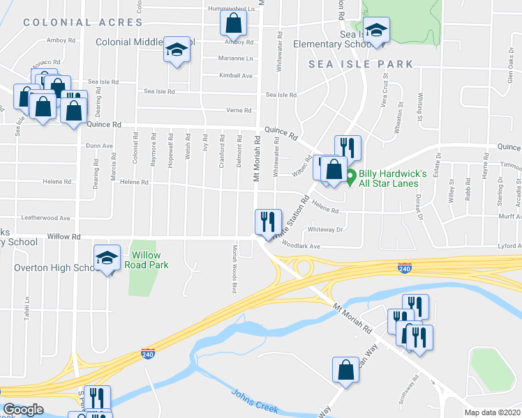 map of restaurants, bars, coffee shops, grocery stores, and more near 1647 Mount Moriah Road in Memphis