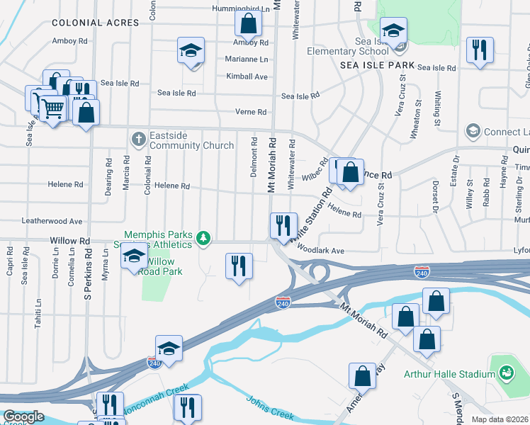 map of restaurants, bars, coffee shops, grocery stores, and more near 1647 Mount Moriah Road in Memphis