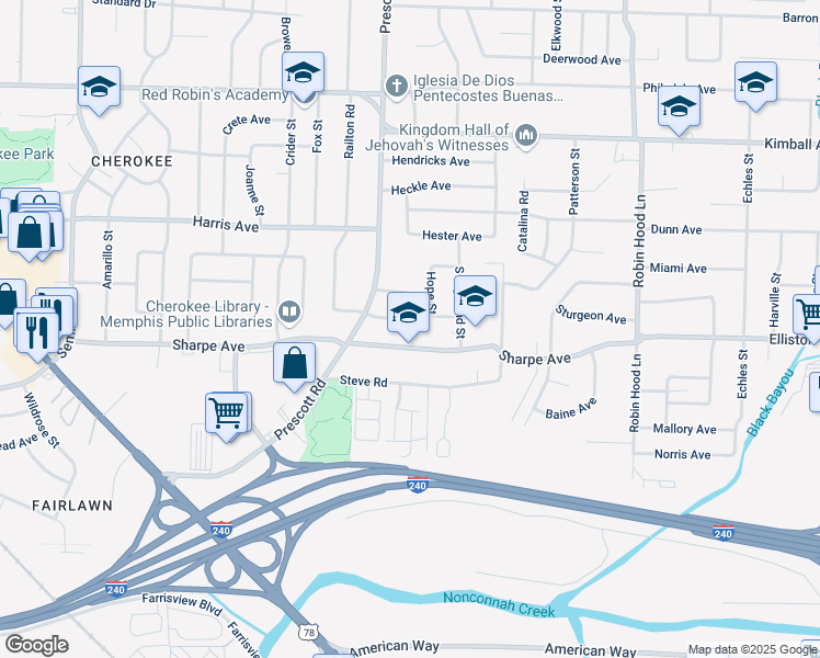 map of restaurants, bars, coffee shops, grocery stores, and more near 3403 Sharpe Avenue in Memphis