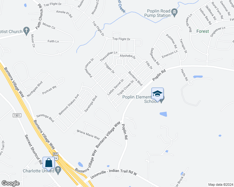 map of restaurants, bars, coffee shops, grocery stores, and more near 3004 Triple Crown Drive in Indian Trail