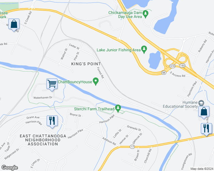 map of restaurants, bars, coffee shops, grocery stores, and more near 2748 Forest Road in Chattanooga