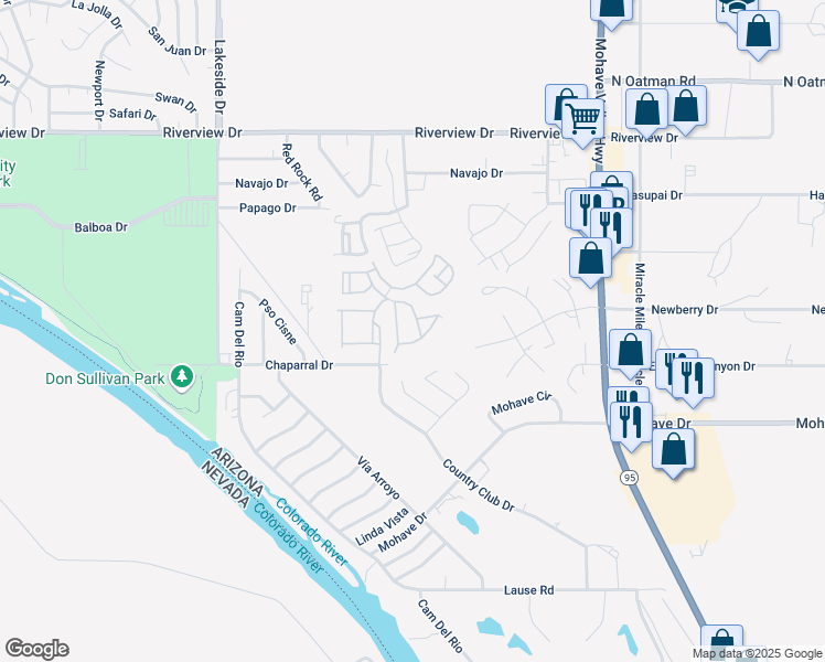 map of restaurants, bars, coffee shops, grocery stores, and more near 2424 Stonebridge Drive in Bullhead City