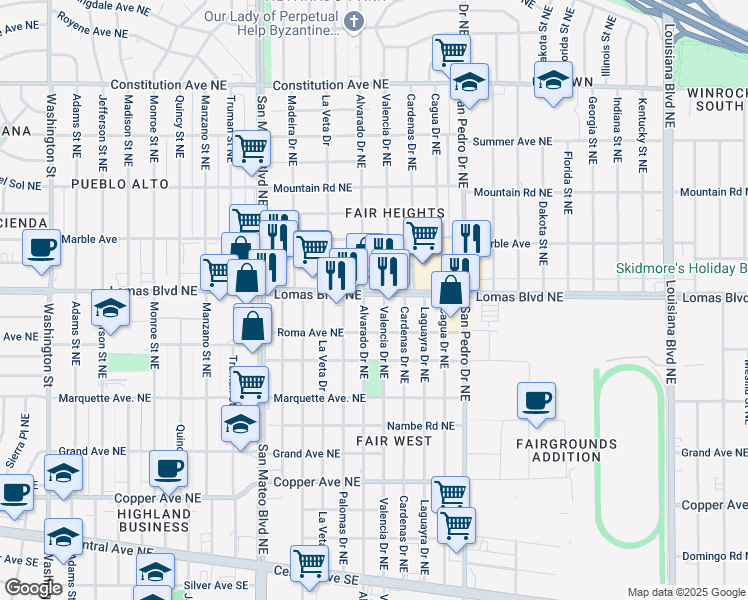 map of restaurants, bars, coffee shops, grocery stores, and more near 906 Valencia Drive Northeast in Albuquerque