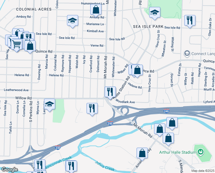 map of restaurants, bars, coffee shops, grocery stores, and more near 1647 Mount Moriah Road in Memphis