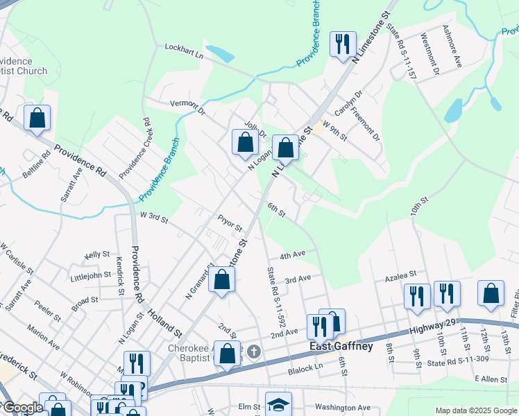map of restaurants, bars, coffee shops, grocery stores, and more near North Limestone Street in Gaffney