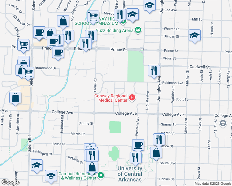 map of restaurants, bars, coffee shops, grocery stores, and more near 1 Mark Place in Conway