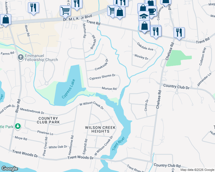 map of restaurants, bars, coffee shops, grocery stores, and more near 4913 Morton Road in New Bern