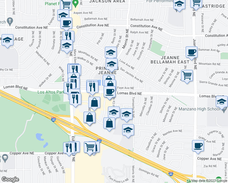 map of restaurants, bars, coffee shops, grocery stores, and more near Lomas Blvd NE & Morris St NE in Albuquerque