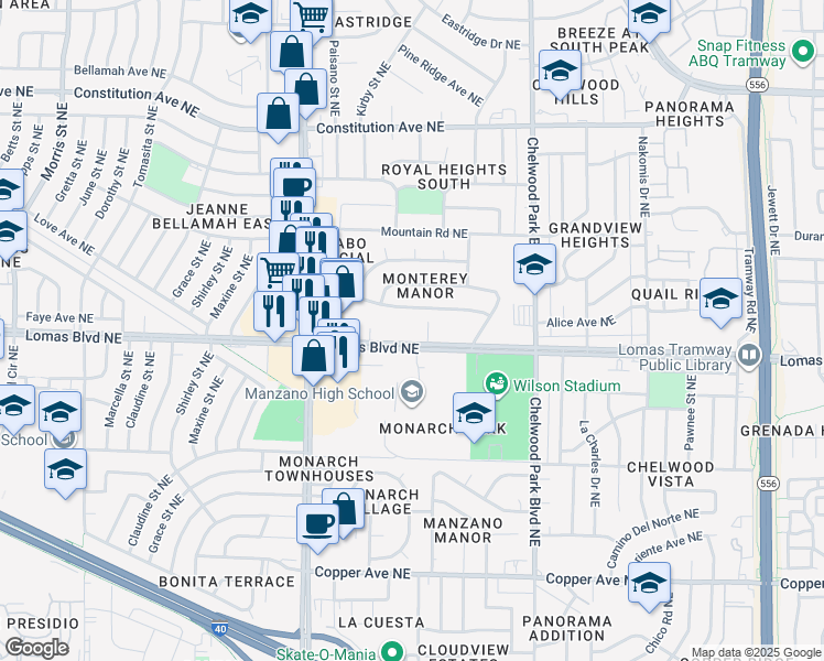 map of restaurants, bars, coffee shops, grocery stores, and more near 12301 Lomas Boulevard Northeast in Albuquerque