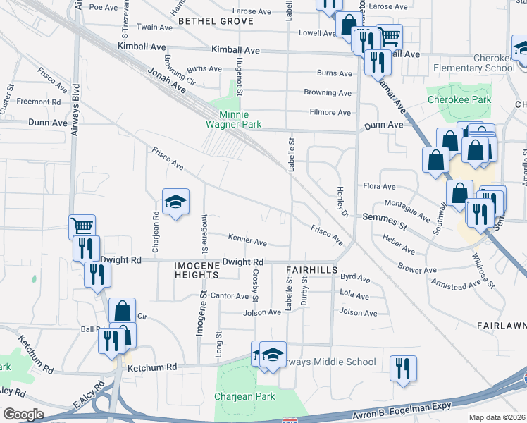 map of restaurants, bars, coffee shops, grocery stores, and more near 2601 Frisco Avenue in Memphis