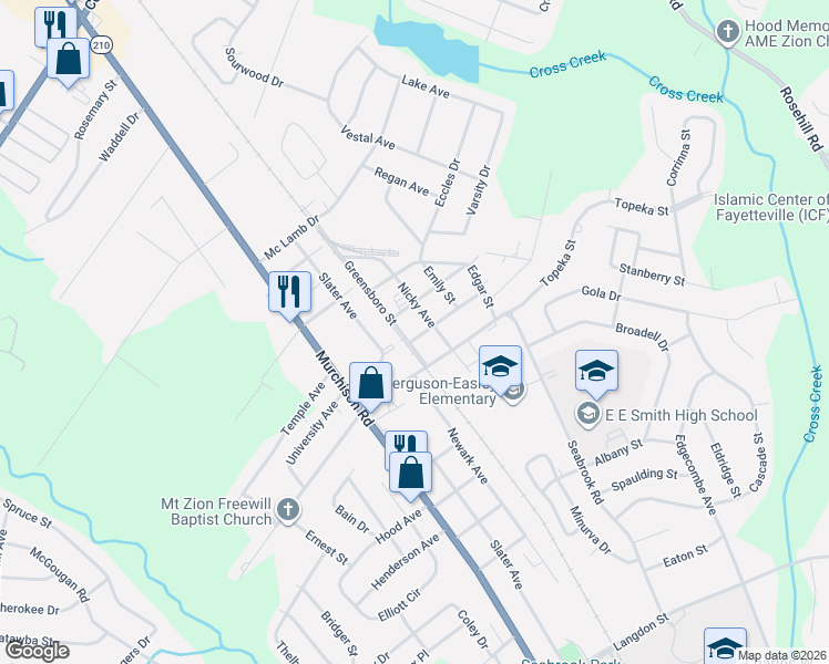 map of restaurants, bars, coffee shops, grocery stores, and more near 2206 Greensboro Street in Fayetteville