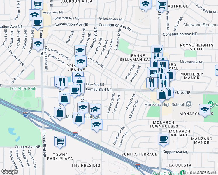 map of restaurants, bars, coffee shops, grocery stores, and more near 841 Marcella Street Northeast in Albuquerque