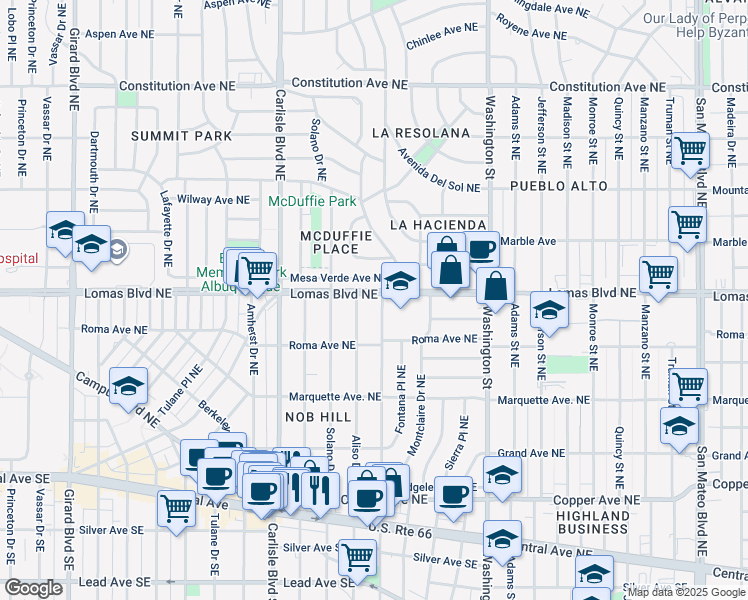 map of restaurants, bars, coffee shops, grocery stores, and more near 522 Aliso Drive Northeast in Albuquerque