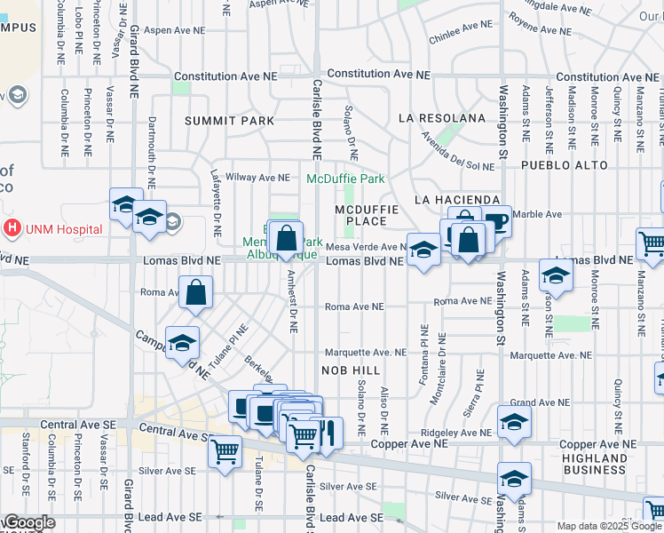map of restaurants, bars, coffee shops, grocery stores, and more near 523 Hermosa Drive Northeast in Albuquerque