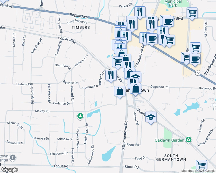 map of restaurants, bars, coffee shops, grocery stores, and more near 2295 McVay Road in Germantown