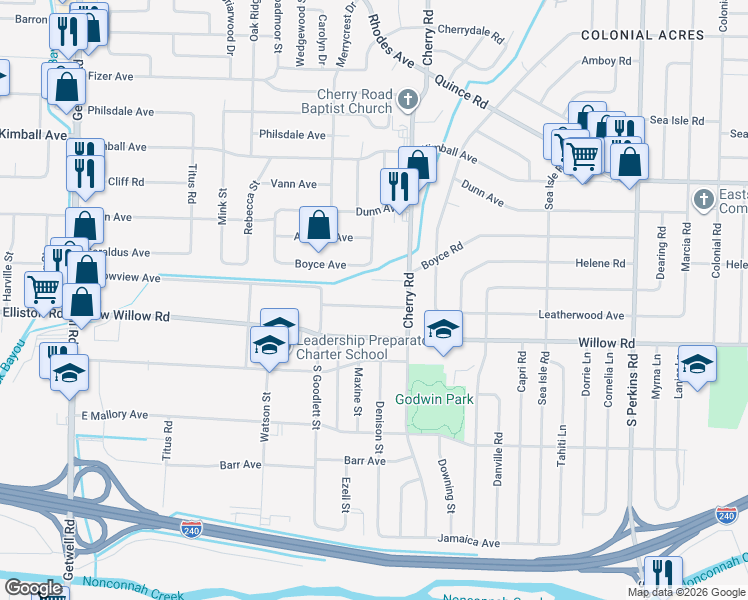 map of restaurants, bars, coffee shops, grocery stores, and more near 4291 Leatherwood Avenue in Memphis