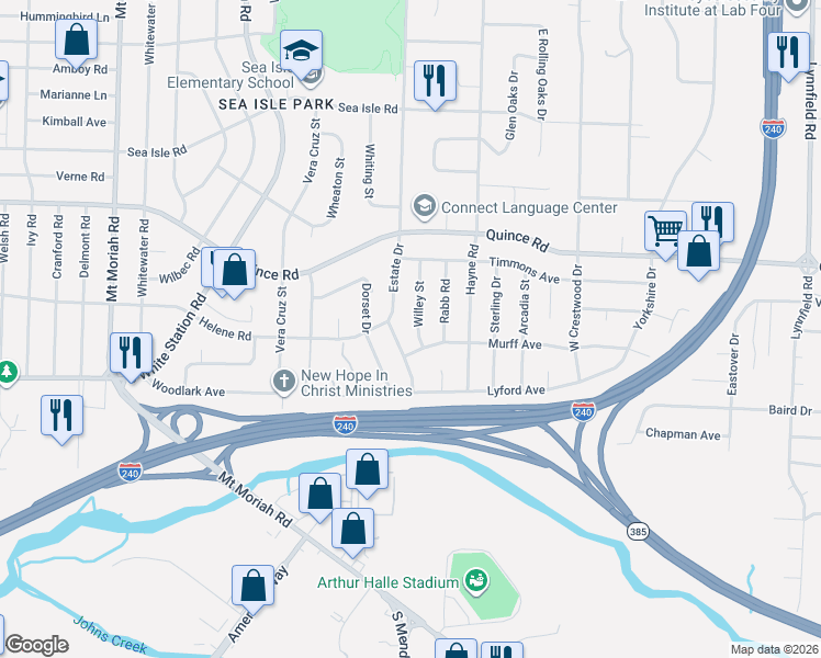 map of restaurants, bars, coffee shops, grocery stores, and more near 1652 Estate Drive in Memphis