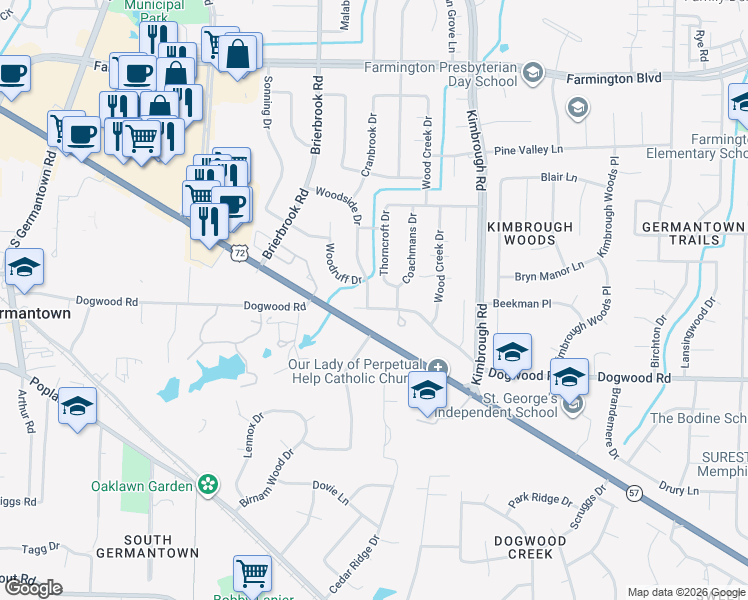 map of restaurants, bars, coffee shops, grocery stores, and more near 8071 Dogwood Road in Germantown