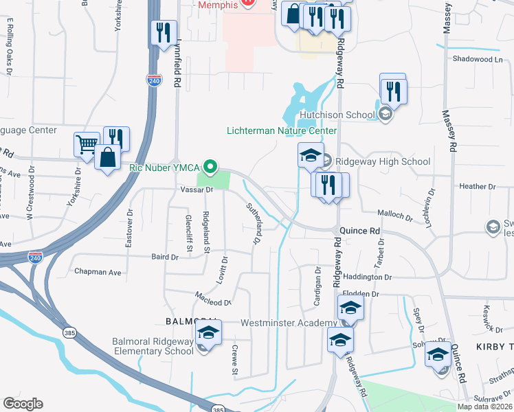 map of restaurants, bars, coffee shops, grocery stores, and more near 2298 Sutherland Drive in Memphis