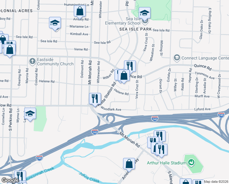 map of restaurants, bars, coffee shops, grocery stores, and more near 5100 Whiteway Drive in Memphis