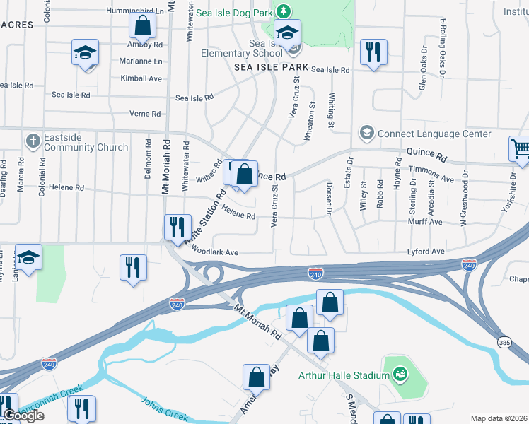 map of restaurants, bars, coffee shops, grocery stores, and more near 5141 Whiteway Drive in Memphis