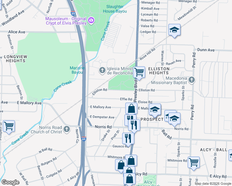 map of restaurants, bars, coffee shops, grocery stores, and more near 1263 Elliston Road in Memphis