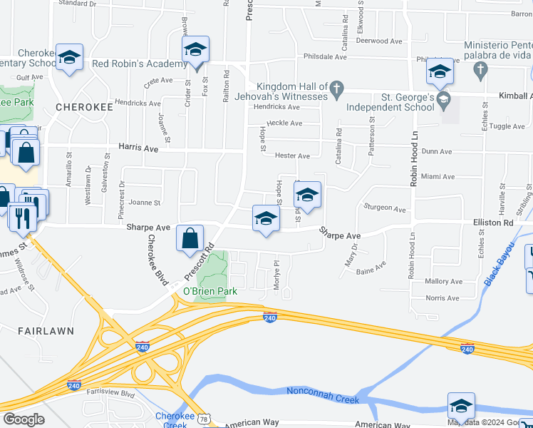 map of restaurants, bars, coffee shops, grocery stores, and more near 3429 Parker Avenue in Memphis