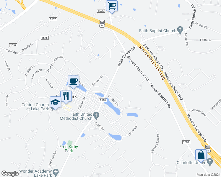 map of restaurants, bars, coffee shops, grocery stores, and more near 3908 Faith Church Road in Indian Trail
