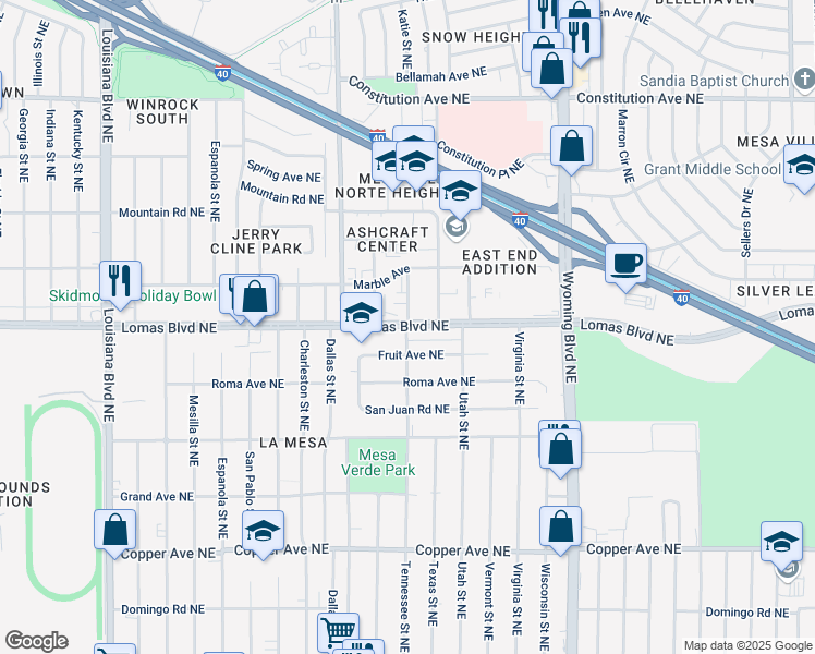 map of restaurants, bars, coffee shops, grocery stores, and more near Lomas Blvd NE & Tennessee St NE in Albuquerque