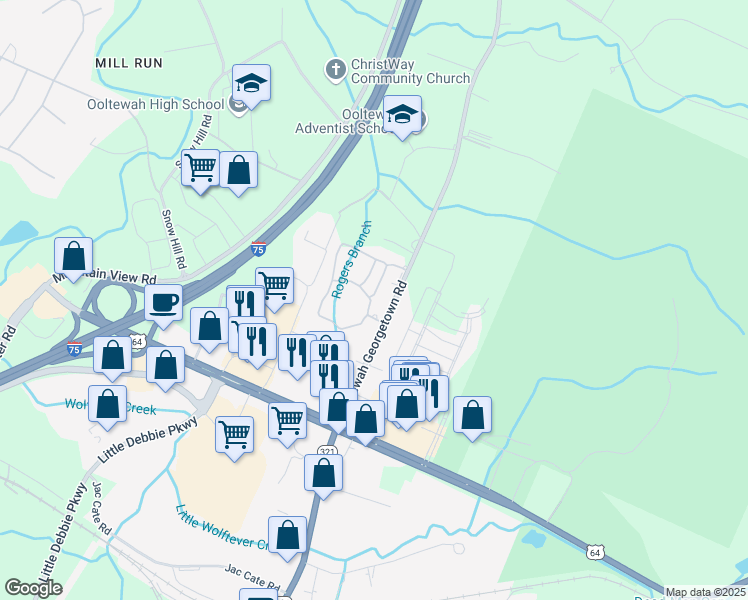 map of restaurants, bars, coffee shops, grocery stores, and more near 9214 Lawford Way in Ooltewah