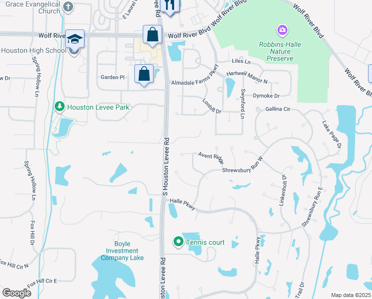 map of restaurants, bars, coffee shops, grocery stores, and more near 10049 Avent Ridge Cove in Collierville