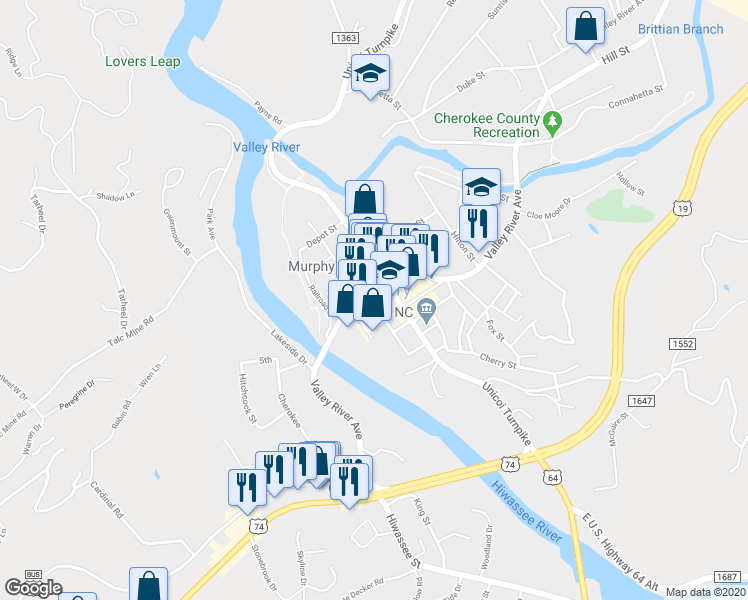 map of restaurants, bars, coffee shops, grocery stores, and more near 41 Hiwassee Street in Murphy