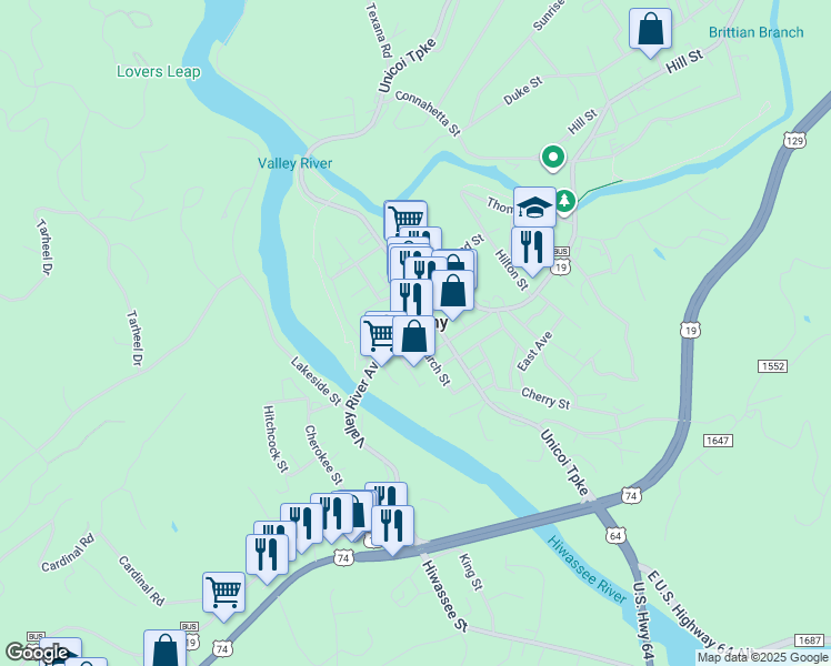 map of restaurants, bars, coffee shops, grocery stores, and more near 41 Valley River Avenue in Murphy