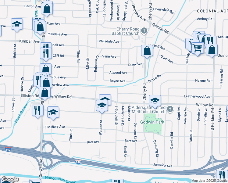 map of restaurants, bars, coffee shops, grocery stores, and more near 4248 Willow Road in Memphis